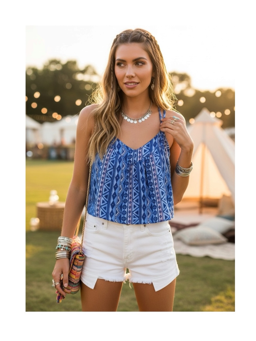 Hollister ♐︎ Aztec Strappy Crop Top ♐︎ Chambray Tribal Print ♐︎ Festival Trendy